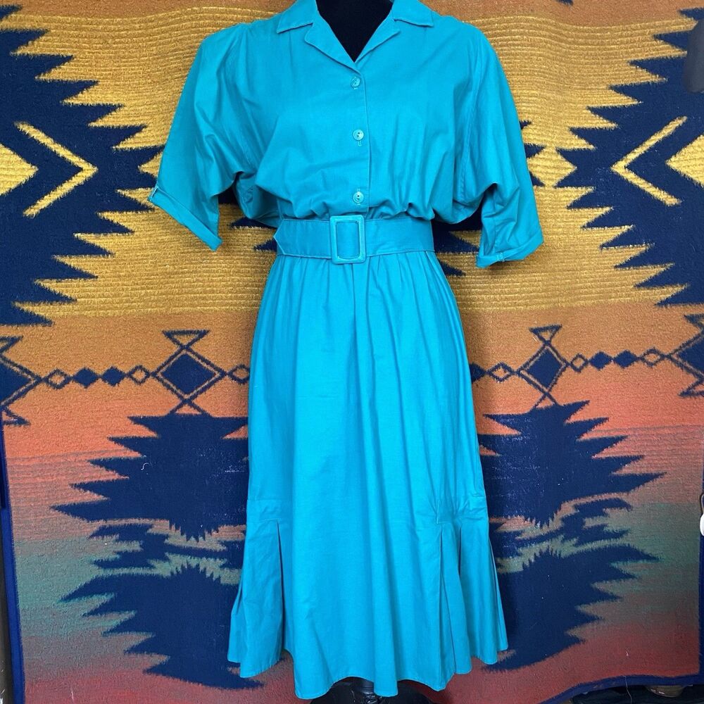 Vintage Early 80’s Blonde And Me Turquoise 3/4 Sleeve Belted Dress. Size 9!
